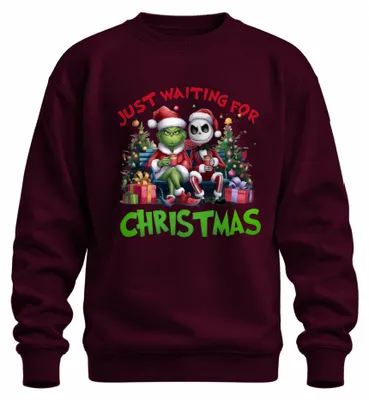 Immagine prodotto di Just Waiting For Christmas Grinch Jack Skellington Santa lustig Unisex Felpa Pullover, Borgogna, XL
