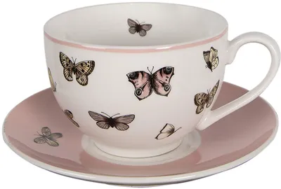 Zdjęcie produktu dla Filiżanka z podstawką Clayre & Eef, biało-różowa, wymiary: 12x9x6 cm, pojemność: 200 ml