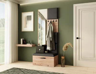 Produktbild von Garderobe MARGARET III, Farbe: Artisan + Schwarz, mit gepolsterten Paneelen, Spiegel und Kleiderhaken