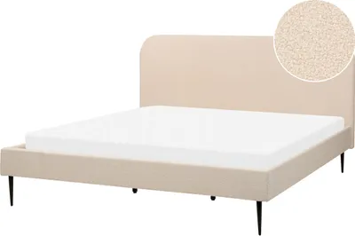 Zdjęcie produktu dla BELIANI Łóżko beżowe tapicerowane tkanina boucle 180 x 200 cm czarne nóżki ze stelażem i wezgłowiem minimalistyczny design