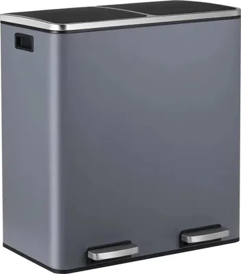 Image de Poubelle de cuisine 60 L - Poubelle à pédale en acier inoxydable - Poubelle double avec 2 compartiments - Déchets et recyclage - Couvercle à fermeture douce - Gris foncé