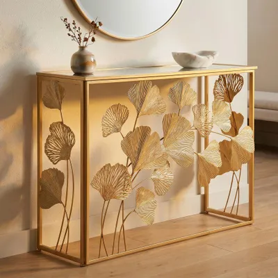 Immagine prodotto di Consolle in metallo dorata con piano specchio cm 108x36,5x80