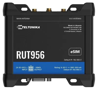 Obrázok produktu pre Teltonika RUT956, Mobilný sieťový smerovač, Čierna, Hliník, Plast, DIN lišta, Priemyselné, Fast Ethernet