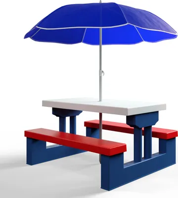 Produktbild von SPIELWERK® Kindersitzgruppe Sonnenschirm UV Schutz Stecksystem Waschbar ABS Kunststoff Wasser Wetterfest Outdoor Picknicktisch Kindertisch Gartenmöbel