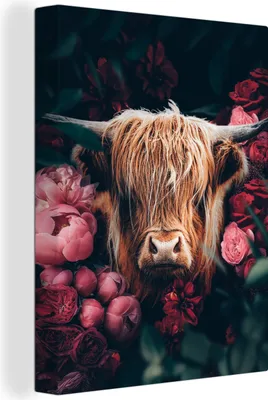 Produktbild von MuchoWow® - Leinwandbilder - Kuh - Schottischer Highlander - Blumen - Botanisch, Wandbild, Wanddeko Bilder Wohnzimmer, 90x120 cm