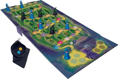 A board game with wizard-themed pieces and a colorful, winding path on a dark background.