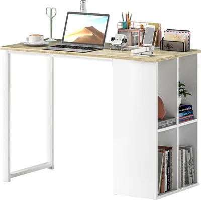 Immagine prodotto di Scrivania Scrivania per computer con vani portaoggetti, scrivania moderna per ufficio con struttura in acciaio, tavolo per PC per ufficio domestico, studio, stanza piccola 100 x 54 x 75 cm, rovere