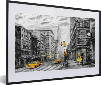 Produktbild von MuchoWow® Gerahmtes Poster Malerei - Stadt - Auto - Gelb 60x40 cm - Poster mit Schwarzem Bilderrahmen Wandposter Rahmen Foto Bilder - Schlafzimmer - Plakat in Rahmen - Drucken