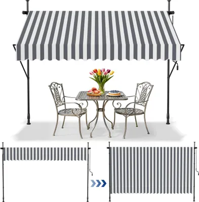 A striped awning over a table and chairs, with two smaller images below showing the awning in different states of extension.