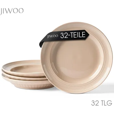 Produktbild von Keramik Teller Set 32-teiliges Ø20,4 cm – elegante tiefe Teller für Suppe, Salat & Speisen – robust, für 32 Personen, mikrowellen- & spülmaschinenfest