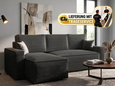 Produktbild von Ecksofa, Ecksofa mit Schlaffunktion, Eckcouch mit Bettkasten links-rechts CORD Stoff (Grau) - AMRO