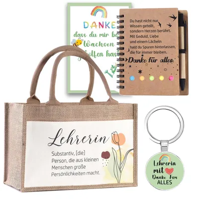 Produktbild von Geschenkset Lehrerin Jutebeutel Notizbuch Schlüsselanhänger Dankeskarte Abschied Schuljahresende
