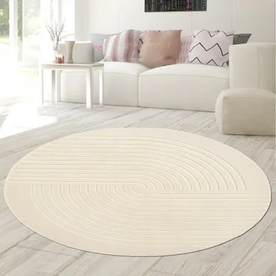 Produktbild von Wohnzimmerteppich mit niedrigem Flor und halbrundes Linienmuster in Beige Größe - 120 cm Rund