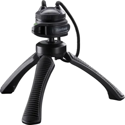 Produktbild von Mantona Kaleido Gaia Stativ night black - 170 x 54 x 54 mm / Traglast max. 2,5 kg - kompaktes 3-Bein-Stativ, 360° Kugelkopf, 1/4" Anschluss, Wasserwaage, Schlaufe - Fotografie Studio