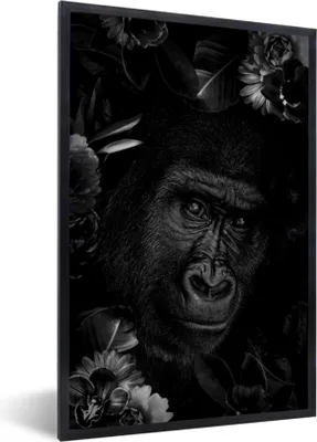 Produktbild von MuchoWow® Gerahmtes Poster Botanischer Affe auf schwarzem Hintergrund - schwarz und weiß 60x90 cm - Poster mit Schwarzem Bilderrahmen Wandposter Rahmen Foto Bilder - Kunst