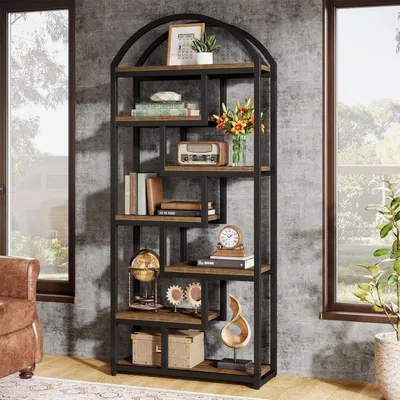 Immagine prodotto di Libreria alta 180 cm, 7 ripiani, stile industriale, colore marrone, realizzata in metallo e MDF
