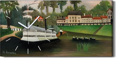 Produktbild von Wanduhr Bürouhr Leinwand Bild Geräuschlos 60x30 Gemälde Stadt Boot Fischer Fluss - weiße Hände