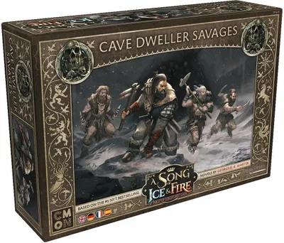 The image shows the box of a board game with artwork depicting a group of savage characters in a snowy environment.