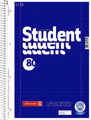Zdjęcie produktu dla BRUNNEN 106783701 Collegeblock Student Recycling A4 w linie, z marginesem wewnątrz i na zewnątrz, Lin. 27 Strona tytułowa: niebieska