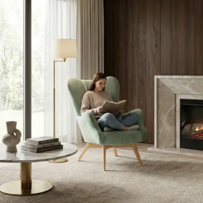 Produktbild von Ohrensessel VIKA – skandinavischer Designsessel mit Holzbeinen, Velours Mintgrün, Family Meble