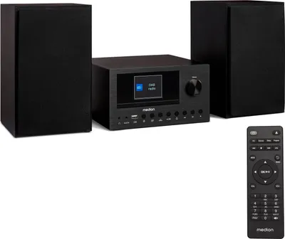 A black Medion micro audio system with two speakers and a remote control, displayed on a white background.