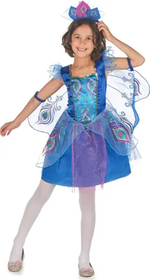 Produktbild von Pfauen-Fee Kinderkostüm für Mädchen blau-lila-gold S 5-6 Jahre (105-116 cm)