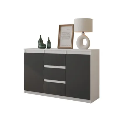 Produktbild von Kommode 120 cm Weiß Matt / Anthrazit, 3 Schubladen, 2 Türen, 2 Einlegeböden,Wohnzimmer