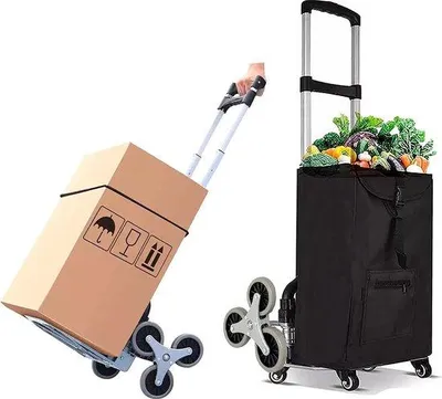 Image de Chariot de transport pliable en aluminium - poignée réglable en hauteur sur trois positions - équipé de 6 roues en TPR et d'un bac étanche amovible pour une utilisation polyvalente