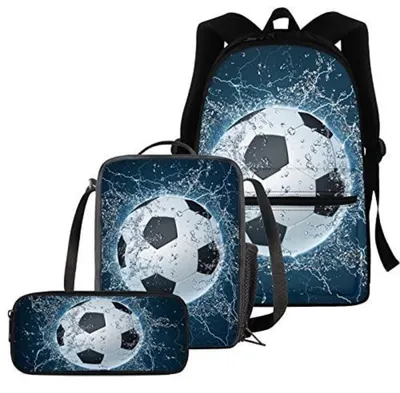 Produktbild von Schultaschen-Set 3-teilig mit Federmäppchen und Lunchbox, Fußball-Design, für Teenager Jungen