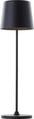 A black table lamp with a conical shade and a thin stem on a white background.