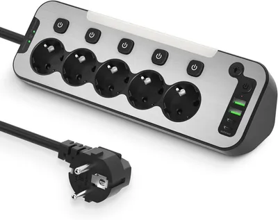 Zdjęcie produktu dla Listwa zasilająca z włącznikiem - Rozdzielacz gniazd - Do ładowania urządzeń - 5 gniazd, 4 porty USB - Kabel 2 metry - Czarna