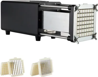A black and silver electric potato cutter with interchangeable blade attachments shown below.