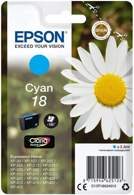 Packaging for an Epson cyan ink cartridge with a daisy flower.