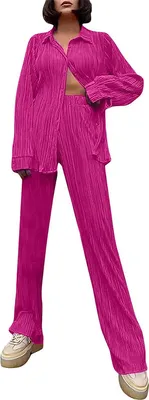 Image de ASKSA Femme 2 pièces Tenues d'été décontractées Ensemble plissé Deux pièces manches longues Taille haute Loungewear, Rouge, S