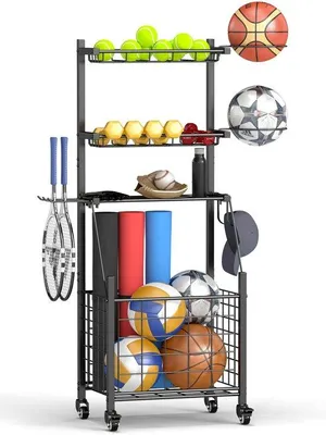 Productafbeelding van Azomor®: Ruime en verplaatsbare opbergoplossing voor sportuitrusting, met verschillende planken