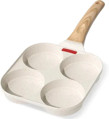 Obrázok produktu pre Hrnica s 4 otvormi na palacinky a vajíčka – panvica – s nepriľnavým povrchom – z hliníka – vhodná na vajíčka, palacinky a crêpes – s ergonomickou rukoväťou – biela