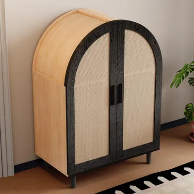 Produktbild von Sideboard/Schuhschrank mit Rattantüren, 3 Regalen & abgerundeter Außenseite
