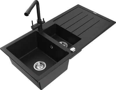 Produktbild von Mexen Andres 1,5-Becken-Granitspüle mit Abtropffläche und Mischbatterie Duero, Schwarz - 6515-77-671600-70