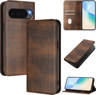Image de Étui pour Google Pixel 10 Pro XL, étui en cuir vintage avec protection RFID, fentes pour cartes, support Marron
