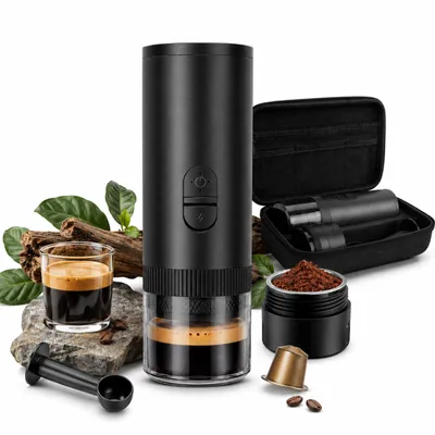 Produktbild von Camping Kaffeemaschine, 2 in 1 Tragbar Espressomaschin für NS-Kapsel und Gemahlener Kaffee, Akku Kaffeemaschine mit 7800 mAh
