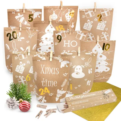 Produktbild von Adventskalender zum Befüllen – Papier-Adventsbeutel mit Holzverschlüssen – DIY-Weihnachtsadventskalender, den Sie selbst gestalten können – Für Kinder