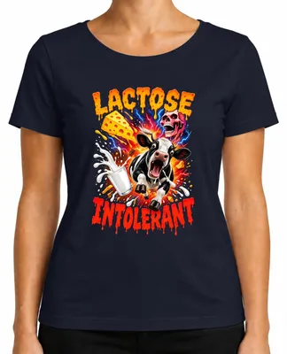 Imagen del producto de Camiseta para mujer, color azul marino, talla M. Diseño: Intolerancia a la lactosa, vaca, leche, queso, divertido