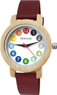 Produktbild von Holzwerk RAINBOW RED bunte kleine moderne Damen Leder & Holz Uhr in weiß, rot
