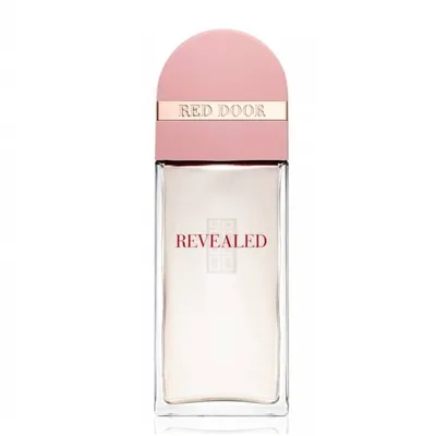 A perfume bottle with a pink cap and a clear glass body.