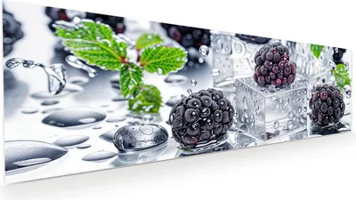 Produktbild von Glasbild 120x40cm in XXL für Wohnzimmer, Schlafzimmer Motiv Brombeeren Eiskalt