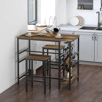 Produktbild von Bartisch-Set, Stehtisch mit Barhockern, 3-teiliges Tischset Küchentresen mit Flaschenhalterung 108 x 60x 95H cm