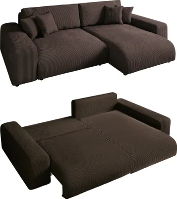 Produktbild von Ecksofa Schlaffunktion ausziehbar Bettkasten Polsterecke Couch Cord Dunkelbraun / 21003