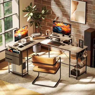 Produktbild von L-Schreibtisch mit Monitorständer, Eckschreibtisch Bürotisch mit Regalen & Tasche, Spanplatte Stahl, Naturholz | 168 x 120 x 90 cm | 26,5 kg | L-Form