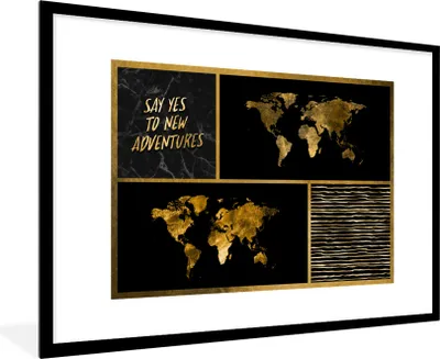 Produktbild von MuchoWow® Gerahmtes Poster Weltkarte - Collage - Sprichwörter - Gold 90x60 cm - Poster mit Schwarzem Bilderrahmen Wandposter Rahmen Foto Bilder - Wanddekoration - Fotos