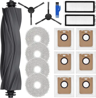 A collection of cleaning accessories for a robot vacuum cleaner, including a main brush, mop pads, dust bags, filters, and side brushes, laid out on a white background.